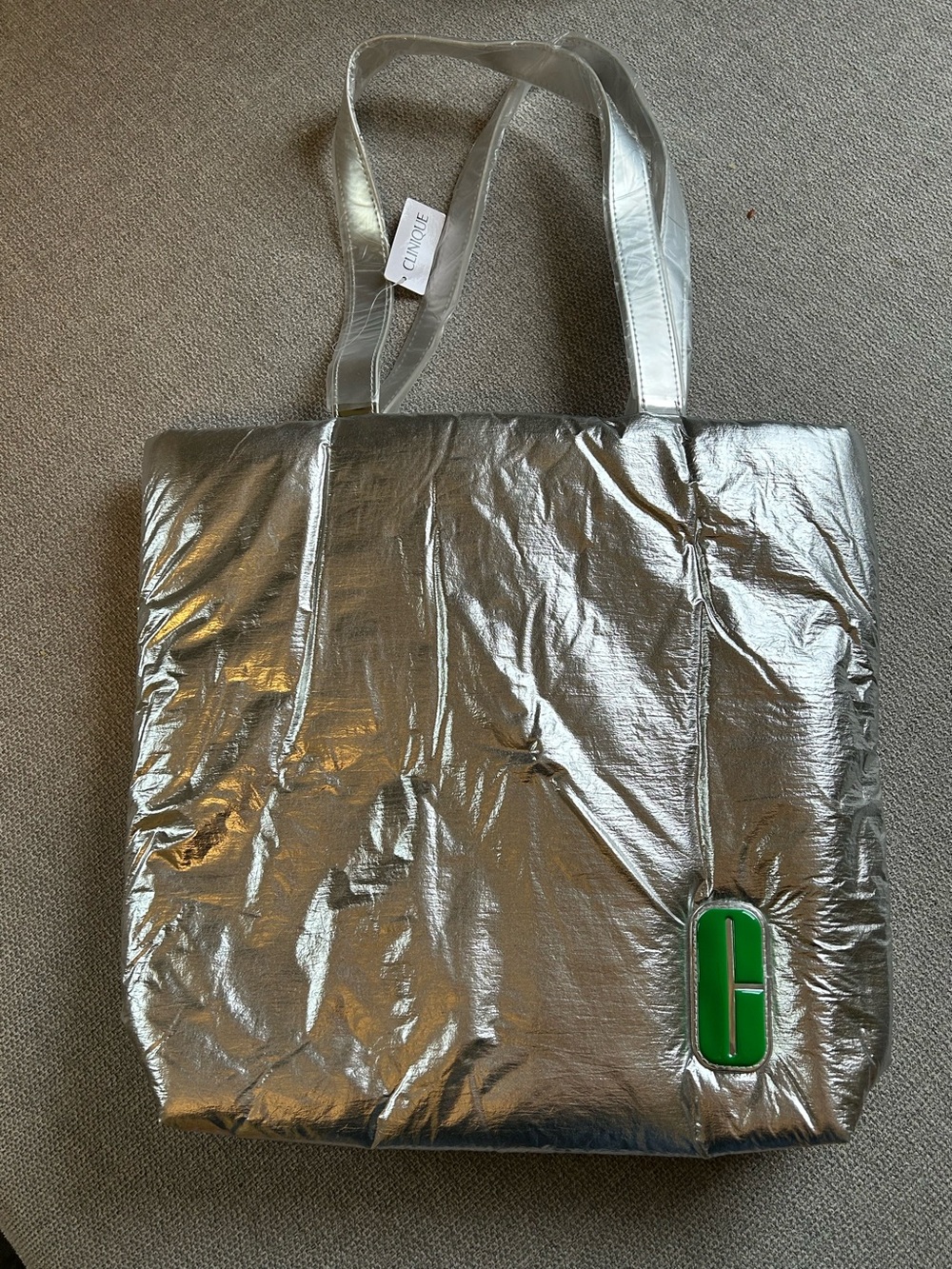 Clinique Metallic Silver Tote with Green Logo Accent